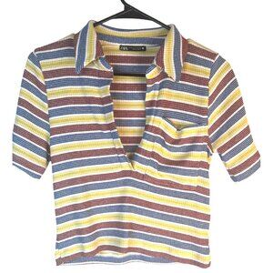 2/$25 ZARA Striped Medium Vintage Ribbed Knit V Neckline Polo Shirt